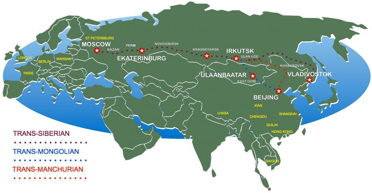 मानचित्र मास्को से व्लादिवोस्तोक करने के लिए ट्रेन